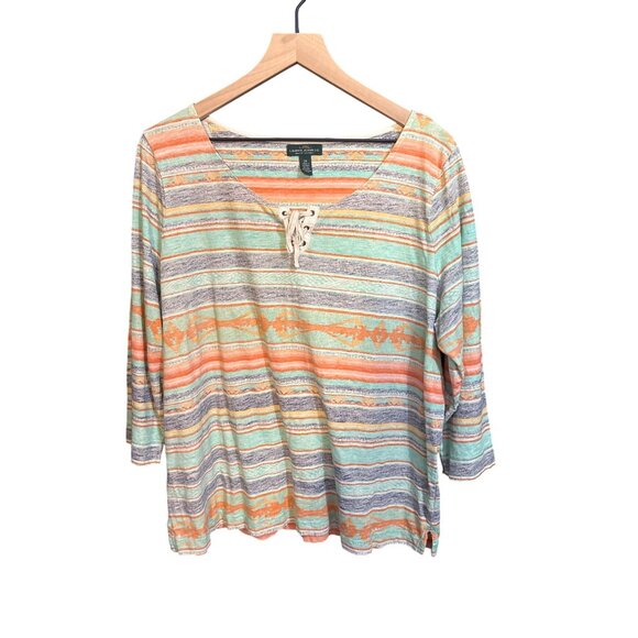 Lauren Ralph Lauren Womens 2X Striped Lace-Up Cotton Blend Top 3/4 Sleeve Multic - Picture 1 of 4